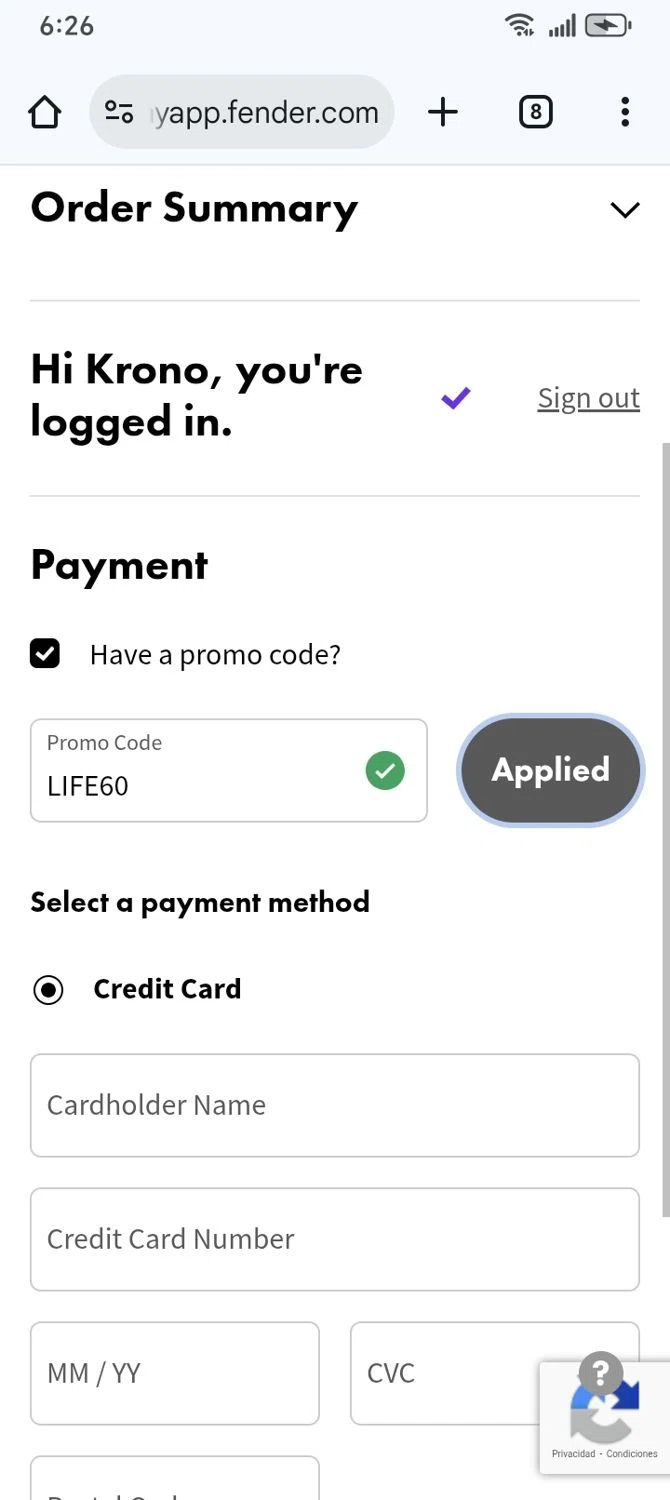 Fender Play App checkout page showing Fender Play App promo code box | Screenshot taken by SimplyCodes community member on Sep 19, 2025