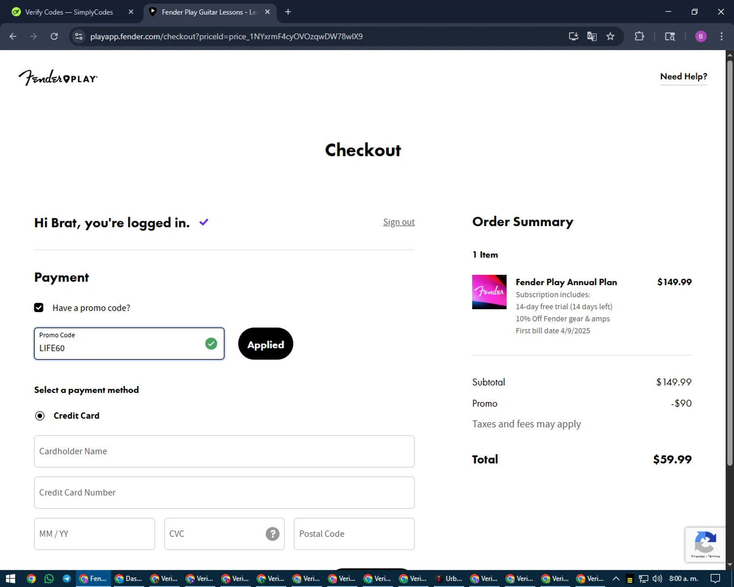 Fender Play App checkout page showing Fender Play App promo code box | Screenshot taken by SimplyCodes community member on Aug 21, 2025