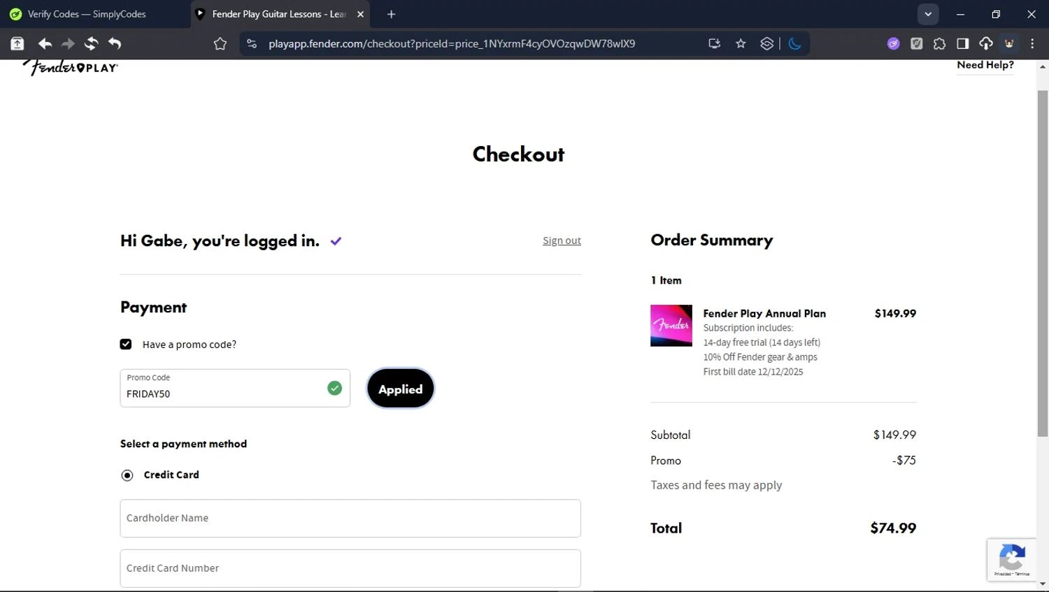 Fender Play App promo code screenshot showing code FRIDAY50 applied at Fender Play App checkout page. Uploaded by SimplyCodes community member CleverPioneer8971 on Nov 28, 2025
