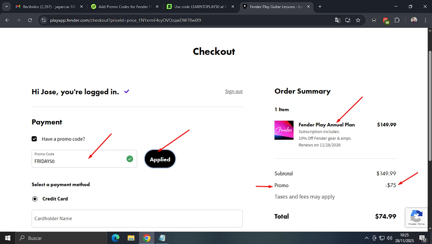 Fender Play App promo code screenshot showing code FRIDAY50 applied at Fender Play App checkout page. Uploaded by SimplyCodes community member josegarcia6 on Nov 28, 2025