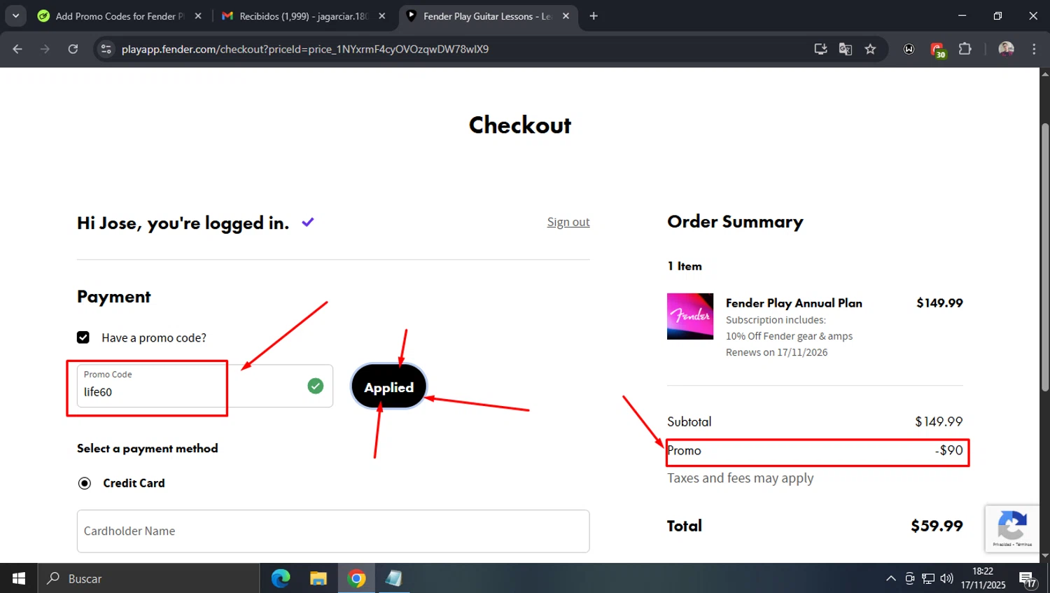 Fender Play App promo code screenshot showing code life60 applied at Fender Play App checkout page. Uploaded by SimplyCodes community member josegarcia6 on Nov 17, 2025