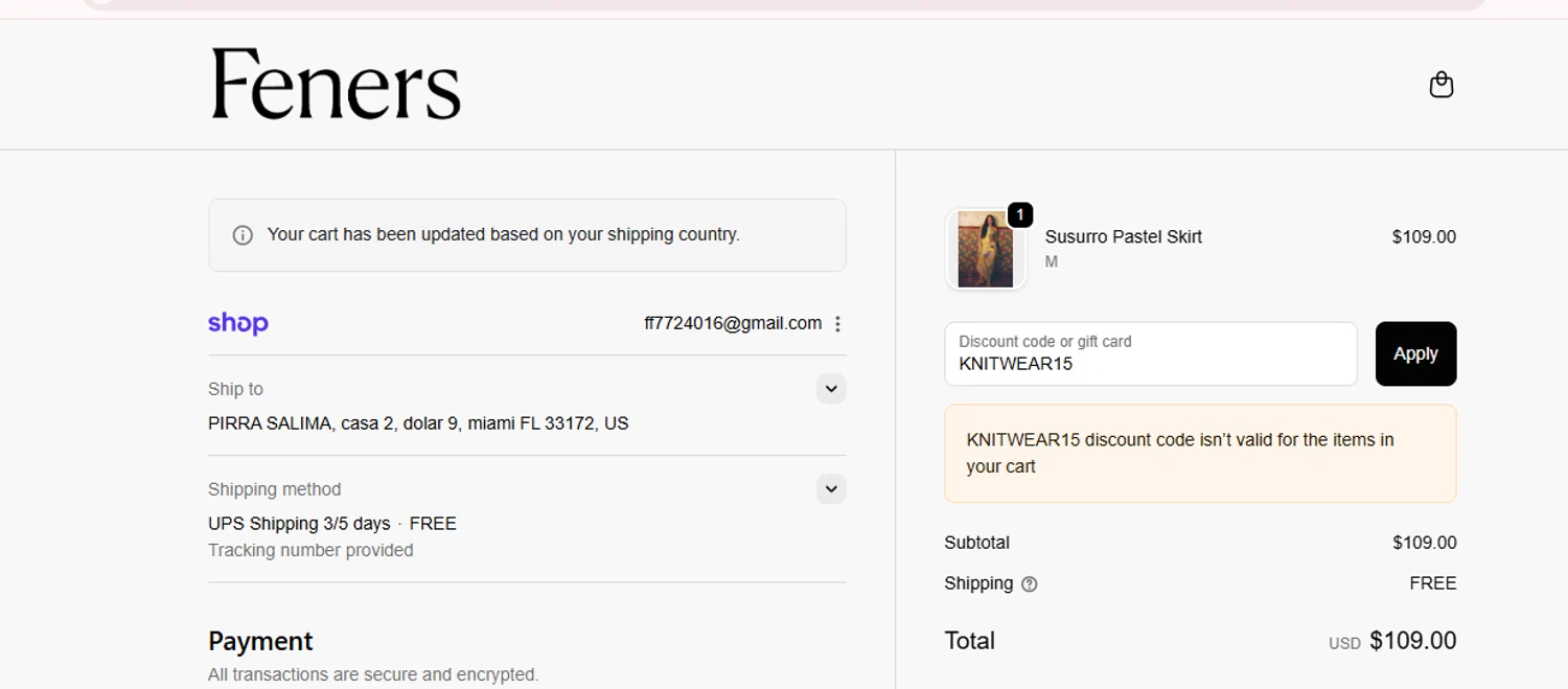 Feners discount code screenshot showing code KNITWEAR15 applied at Feners checkout page. Uploaded by SimplyCodes community member BonusDefender8823 on Sep 21, 2025