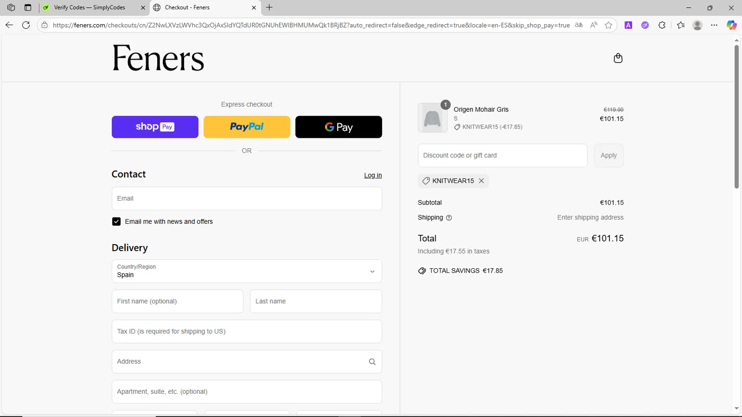 Feners discount code screenshot showing code KNITWEAR15 applied at Feners checkout page. Uploaded by SimplyCodes community member CrownShopper2899 on Jun 4, 2025