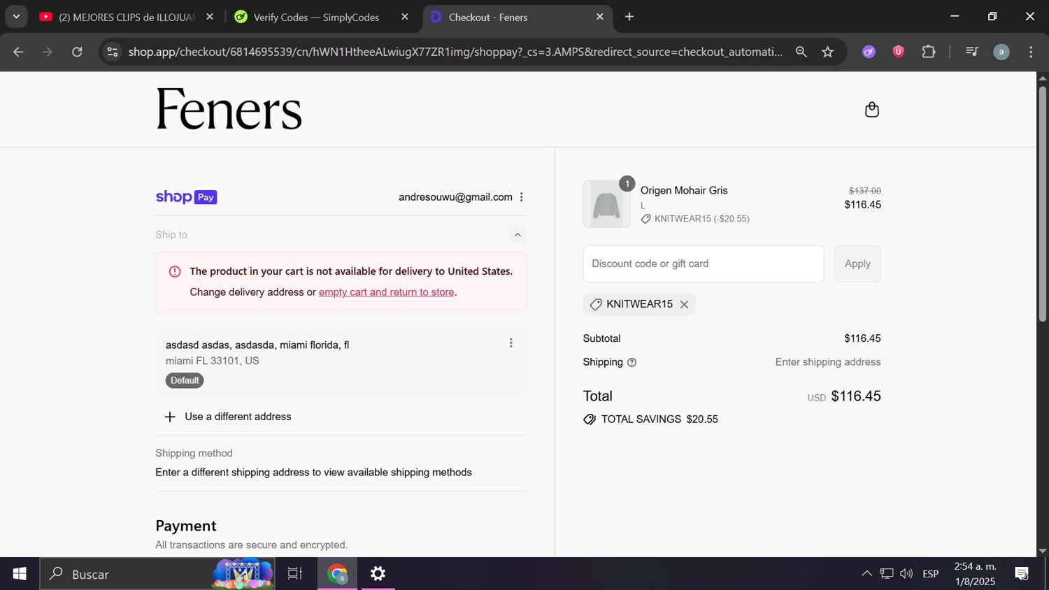 Feners discount code screenshot showing code KNITWEAR15 applied at Feners checkout page. Uploaded by SimplyCodes community member Frizk_1 on Aug 1, 2025