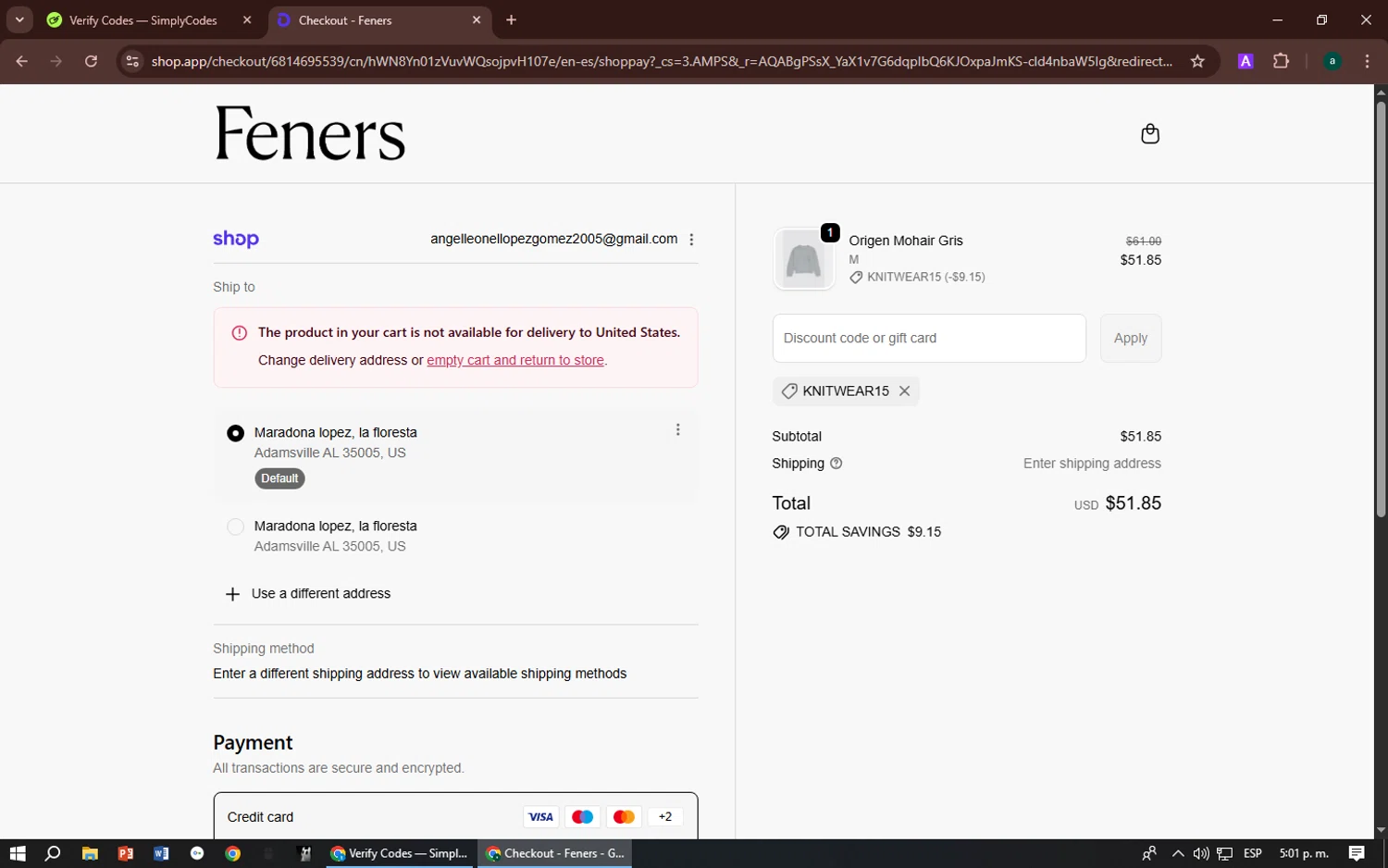 Feners checkout page showing Feners discount code box | Screenshot taken by SimplyCodes community member on Feb 8, 2026