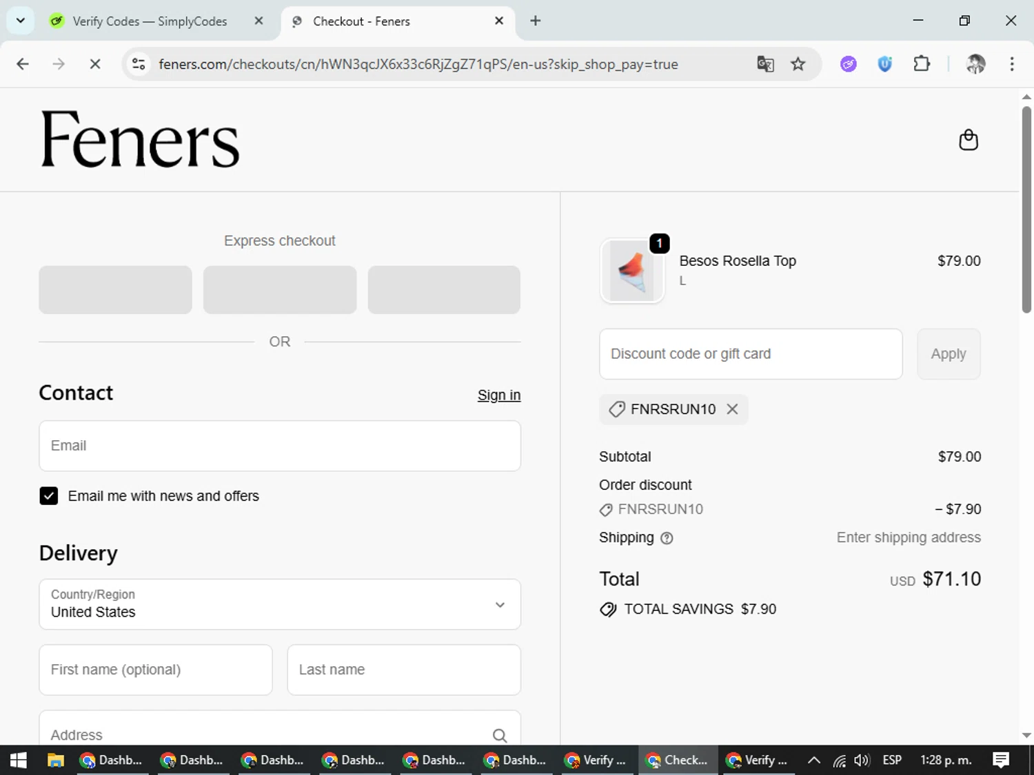 Feners discount code screenshot showing code FNRSRUN10 applied at Feners checkout page. Uploaded by SimplyCodes community member CleverLegend6607 on Oct 7, 2025