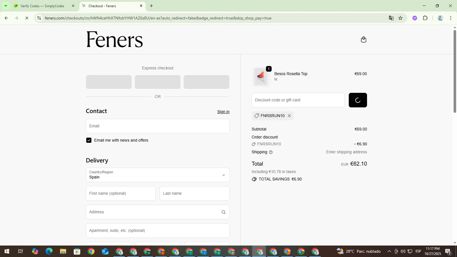 Feners discount code screenshot showing code FNRSRUN10 applied at Feners checkout page. Uploaded by SimplyCodes community member CouponBoss4754 on Oct 28, 2025