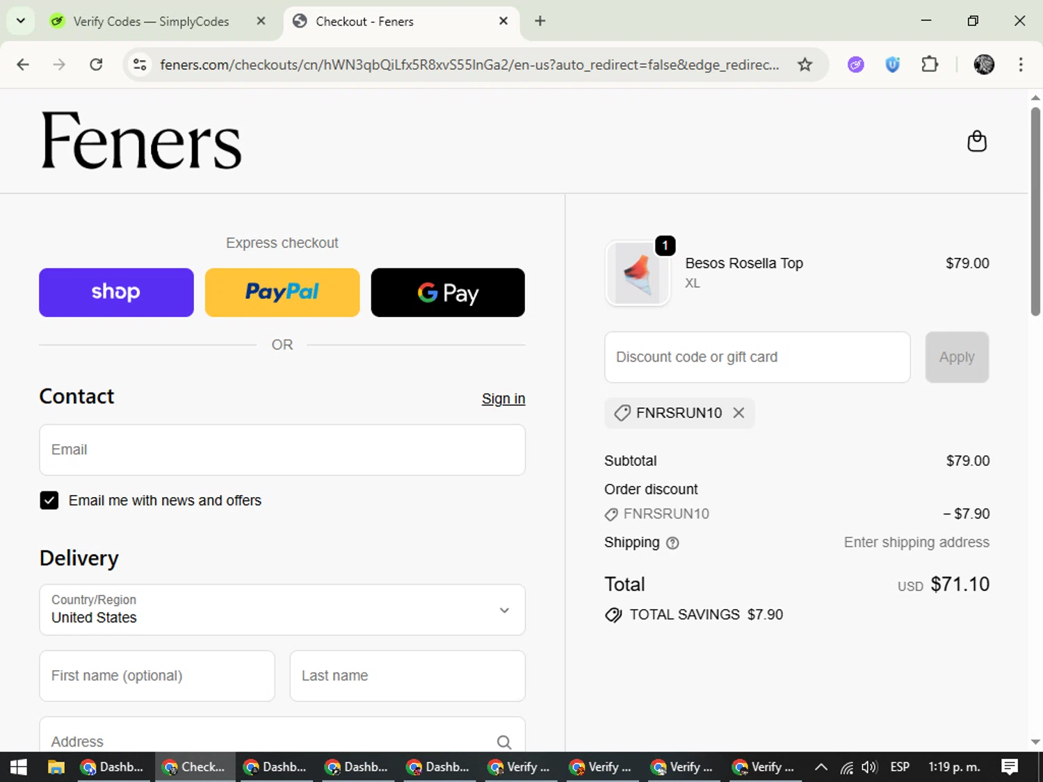 Feners discount code screenshot showing code FNRSRUN10 applied at Feners checkout page. Uploaded by SimplyCodes community member PrimeKnight6101 on Oct 7, 2025