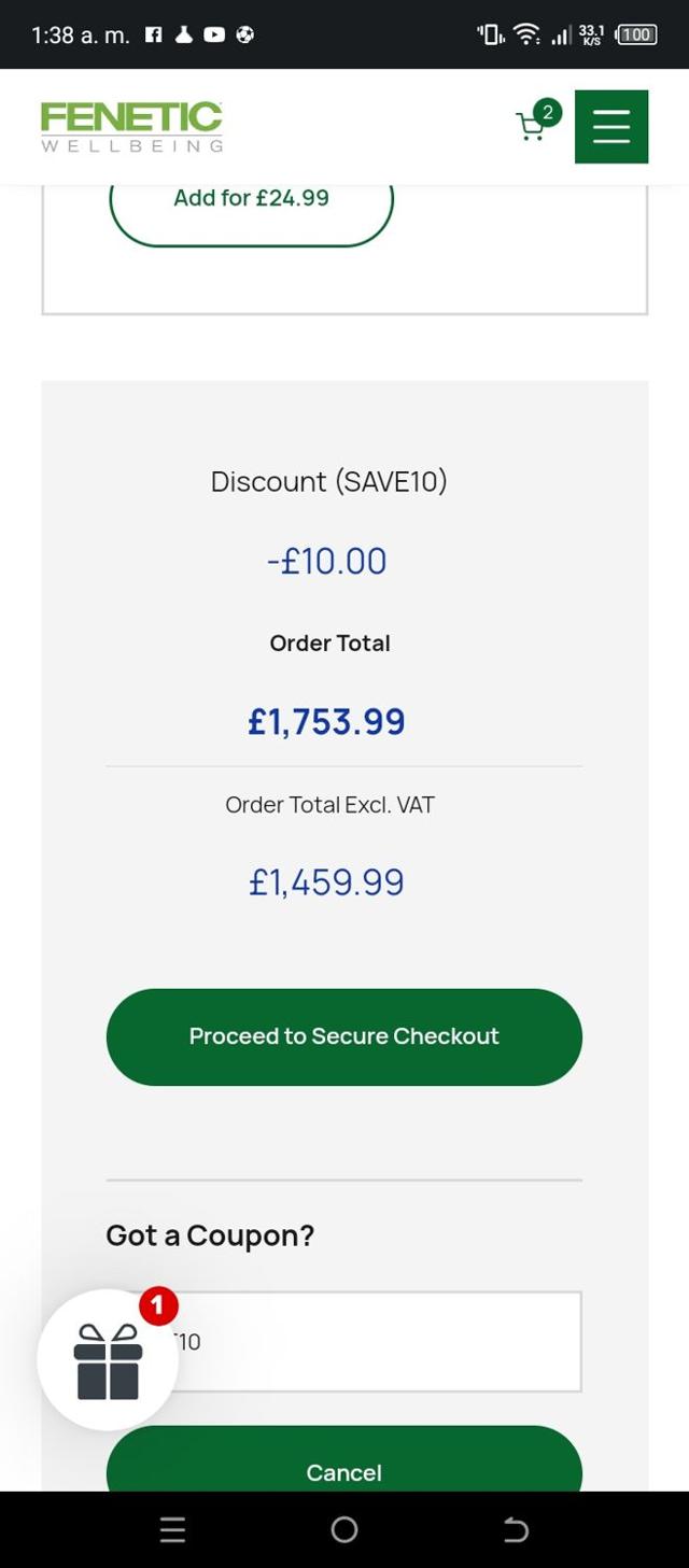 Fenetic Wellbeing checkout page showing Fenetic Wellbeing discount code box | Screenshot taken by SimplyCodes community member on May 2, 2025