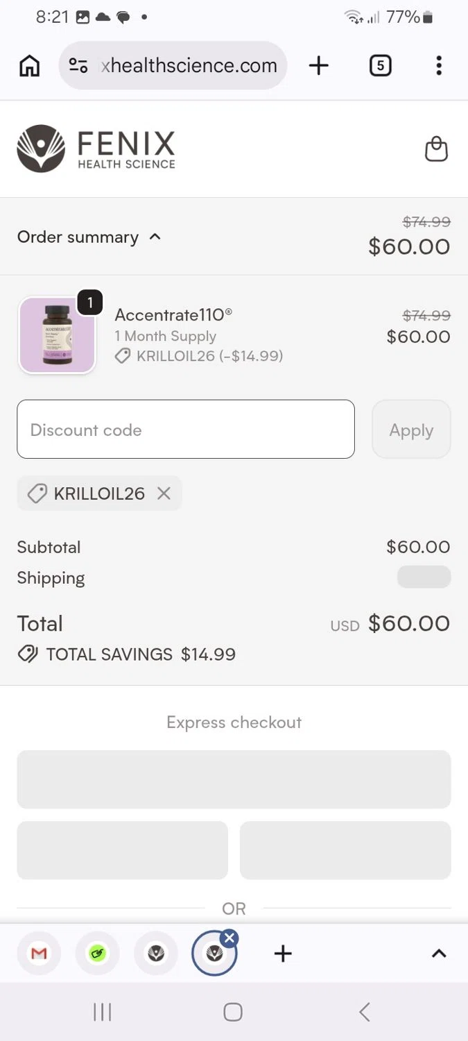 Fenix Health Science promo code screenshot showing code KRILLOIL26 applied at Fenix Health Science checkout page. Uploaded by SimplyCodes community member ScanMaverick9378 on Jun 23, 2026