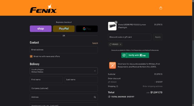 Fenix Lighting checkout page showing Fenix Lighting coupon code box | Screenshot taken by SimplyCodes community member on Aug 28, 2025