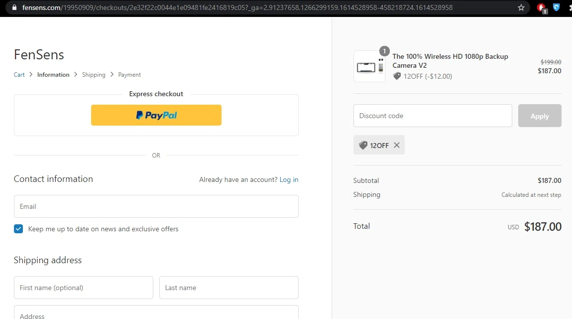 FenSens checkout page showing FenSens promo code box | Screenshot taken by SimplyCodes community member on Feb 28, 2021