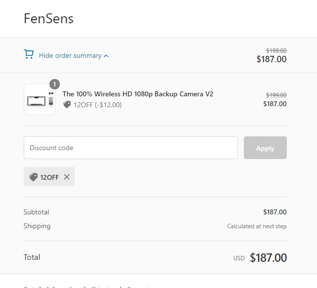FenSens checkout page showing FenSens promo code box | Screenshot taken by SimplyCodes community member on Jan 27, 2021