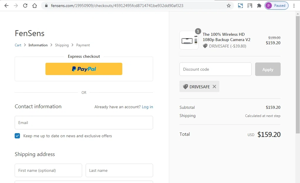 FenSens checkout page showing FenSens promo code box | Screenshot taken by SimplyCodes community member on Feb 14, 2021