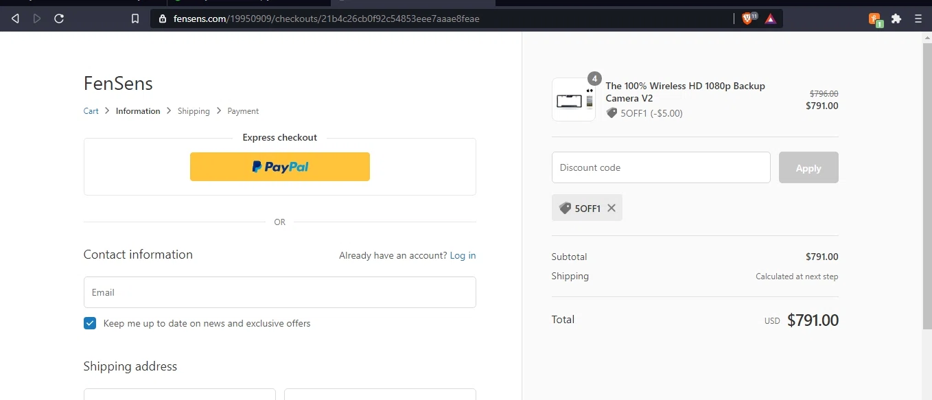 FenSens checkout page showing FenSens promo code box | Screenshot taken by SimplyCodes community member on Feb 25, 2021