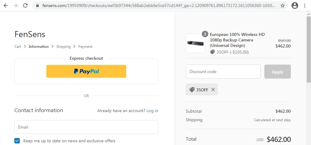 FenSens checkout page showing FenSens promo code box | Screenshot taken by SimplyCodes community member on Jan 19, 2021