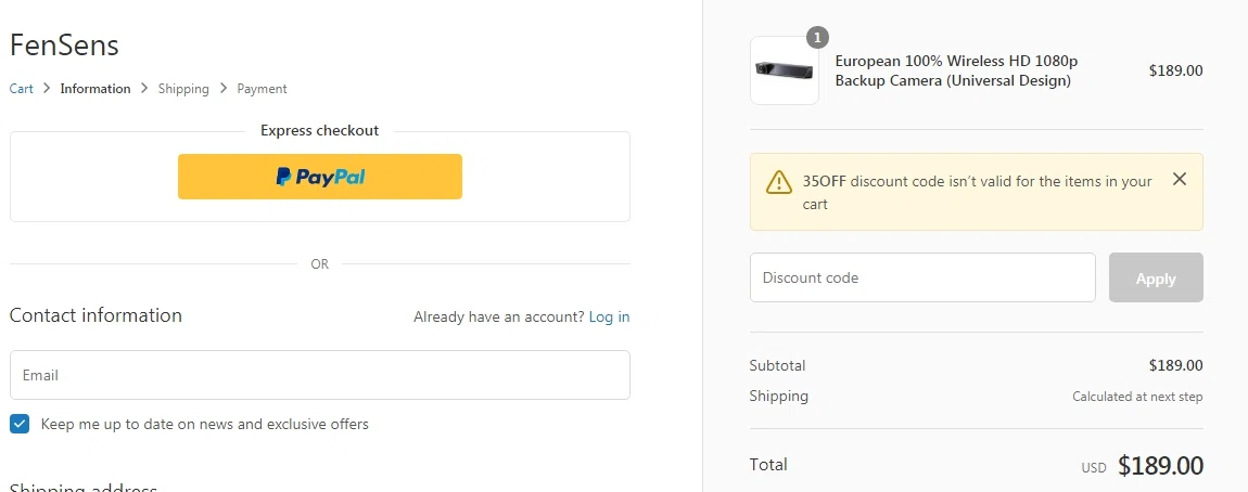 FenSens checkout page showing FenSens promo code box | Screenshot taken by SimplyCodes community member on Feb 24, 2021
