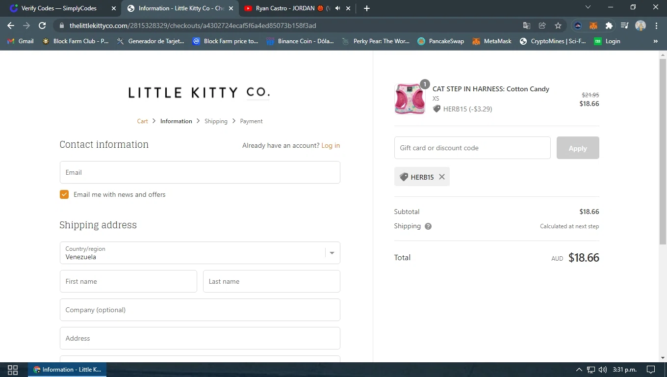 Ferdoll Beauty checkout page showing Ferdoll Beauty promo code box | Screenshot taken by SimplyCodes community member on Jan 25, 2022