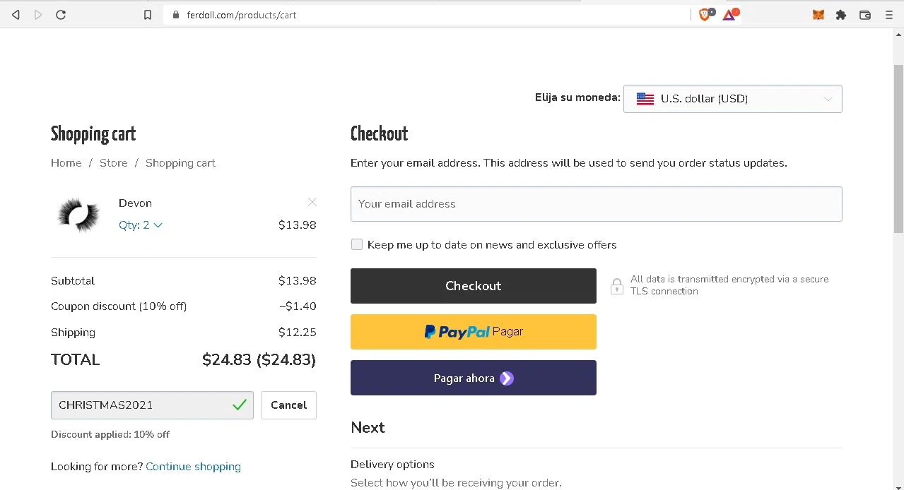 Ferdoll Beauty checkout page showing Ferdoll Beauty promo code box | Screenshot taken by SimplyCodes community member on Dec 9, 2021