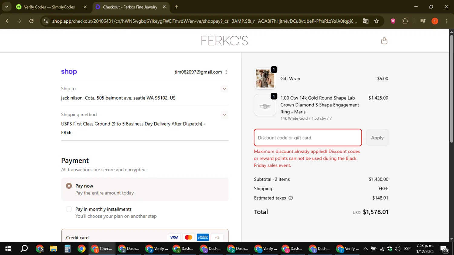 Ferkos Fine Jewelry discount code screenshot showing code WLF10HM20FK22 applied at Ferkos Fine Jewelry checkout page. Uploaded by SimplyCodes community member ShrewdAce8338 on Dec 1, 2025