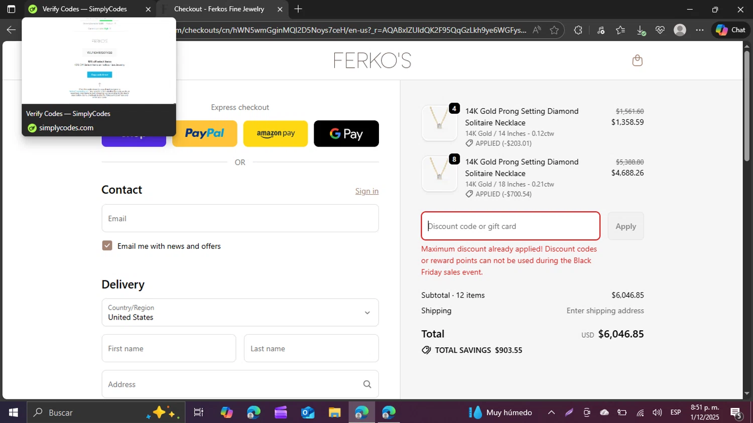 Ferkos Fine Jewelry discount code screenshot showing code WLF10HM20FK22 applied at Ferkos Fine Jewelry checkout page. Uploaded by SimplyCodes community member swiftie on Dec 2, 2025