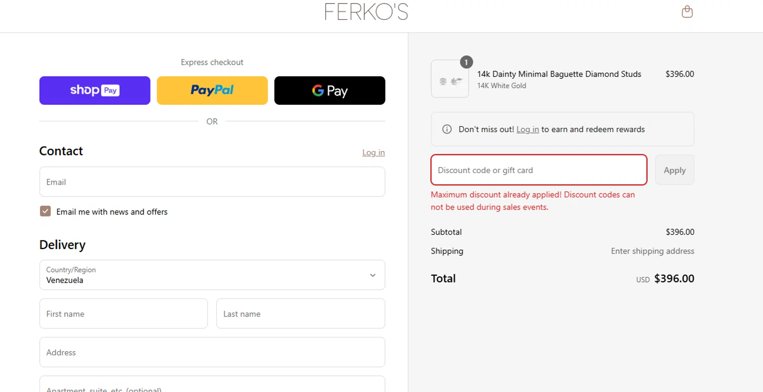 Ferkos Fine Jewelry discount code screenshot showing code 5R30FX7THKS applied at Ferkos Fine Jewelry checkout page. Uploaded by SimplyCodes community member Gaby04 on Jun 16, 2025