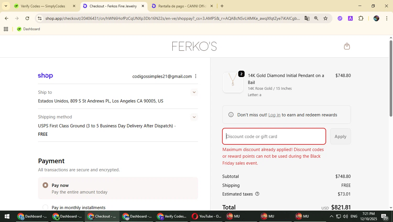 Ferkos Fine Jewelry discount code screenshot showing code WLF15HM20FK22 applied at Ferkos Fine Jewelry checkout page. Uploaded by SimplyCodes community member Typhlosion on Dec 10, 2025