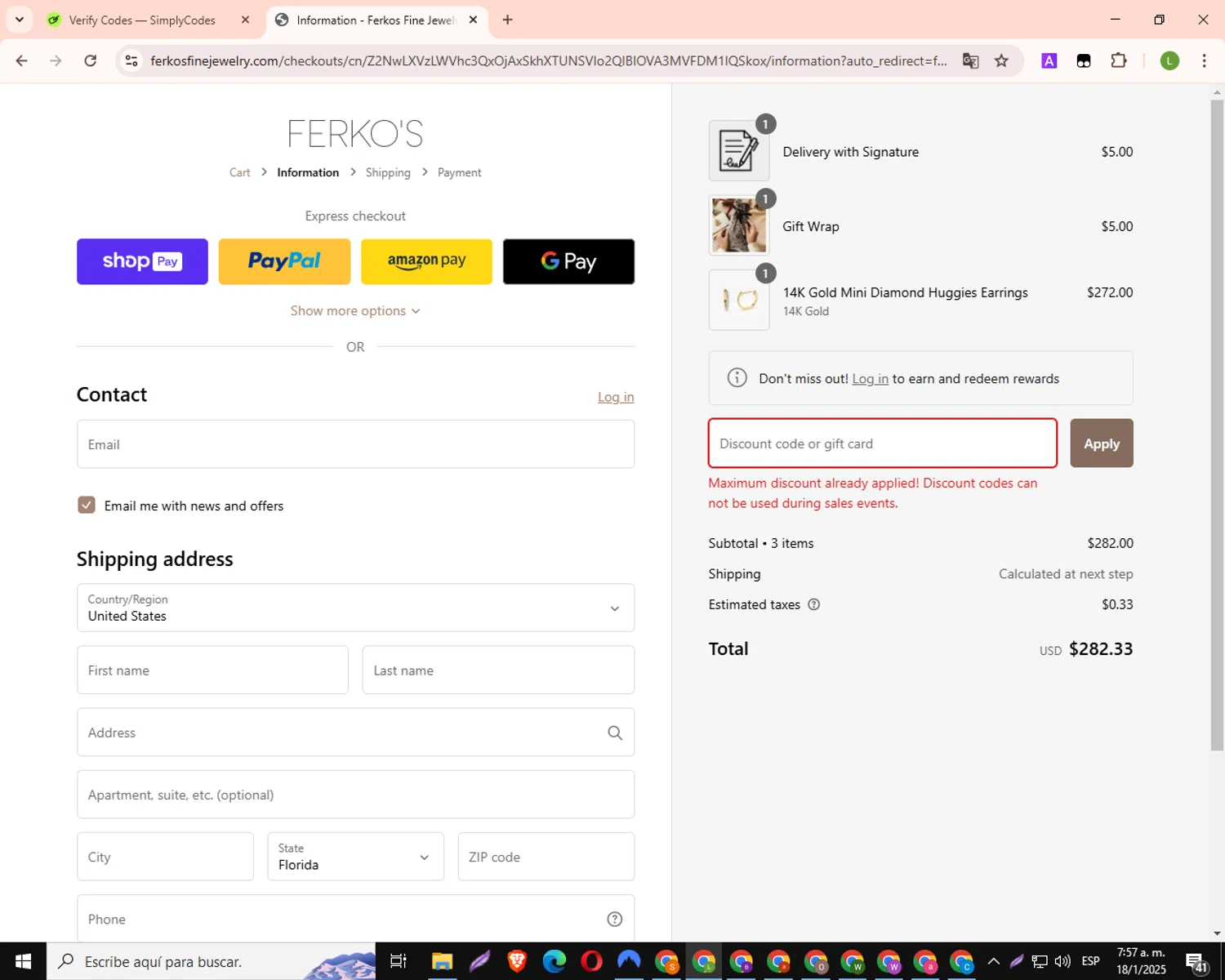 Ferkos Fine Jewelry discount code screenshot showing code WLF15HM20FK22 applied at Ferkos Fine Jewelry checkout page. Uploaded by SimplyCodes community member SmartScout7874 on Jan 18, 2025