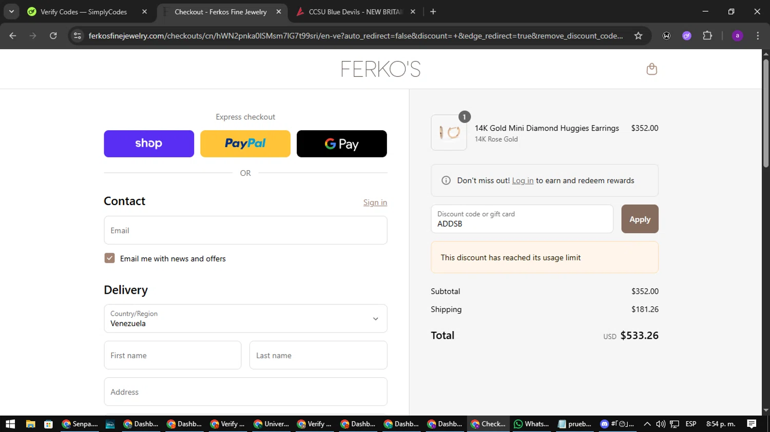 Ferkos Fine Jewelry discount code screenshot showing code ADDSB applied at Ferkos Fine Jewelry checkout page. Uploaded by SimplyCodes community member CoinElite8997 on Sep 11, 2025