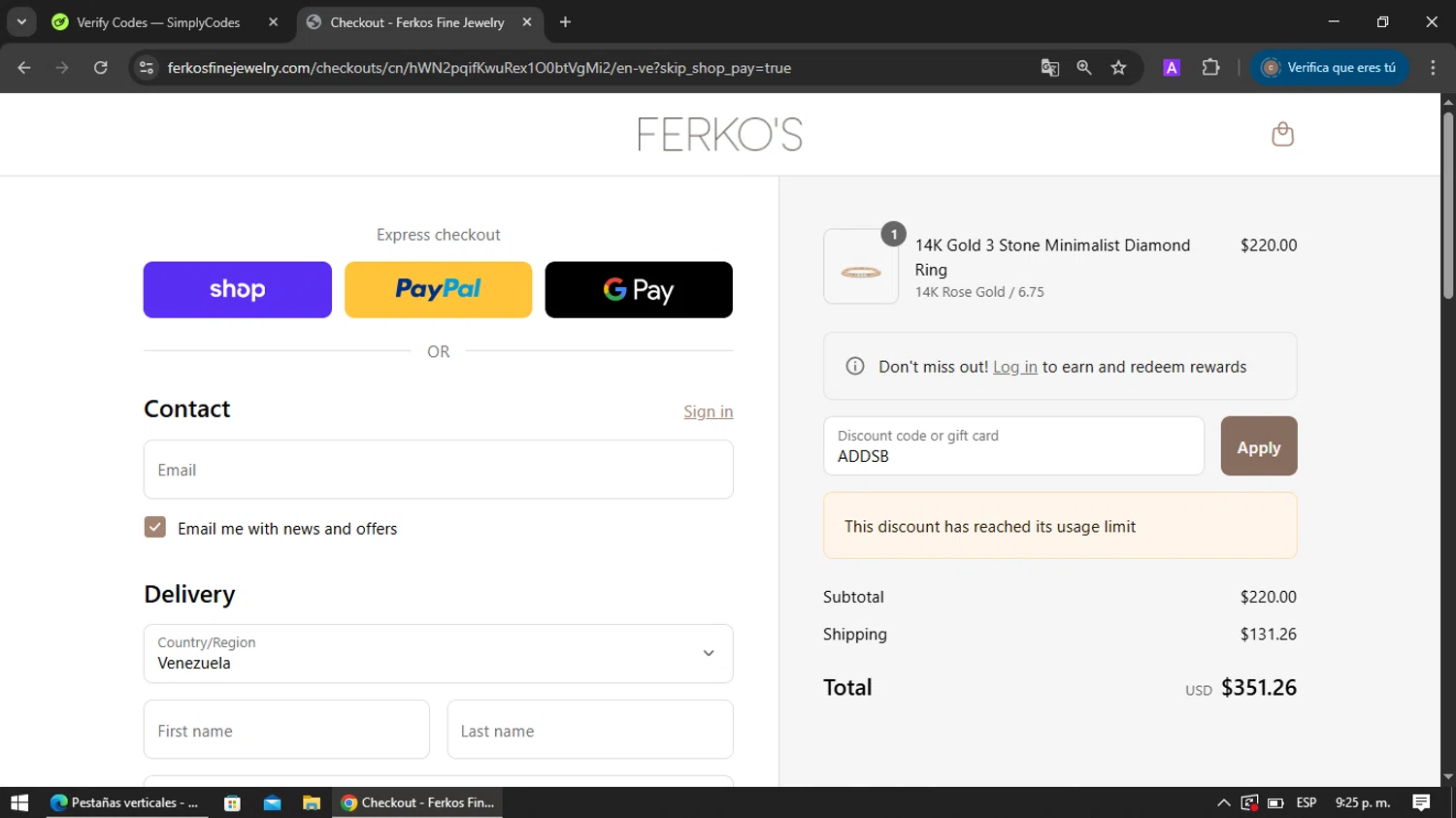 Ferkos Fine Jewelry discount code screenshot showing code ADDSB applied at Ferkos Fine Jewelry checkout page. Uploaded by SimplyCodes community member VoucherRanger901 on Sep 11, 2025