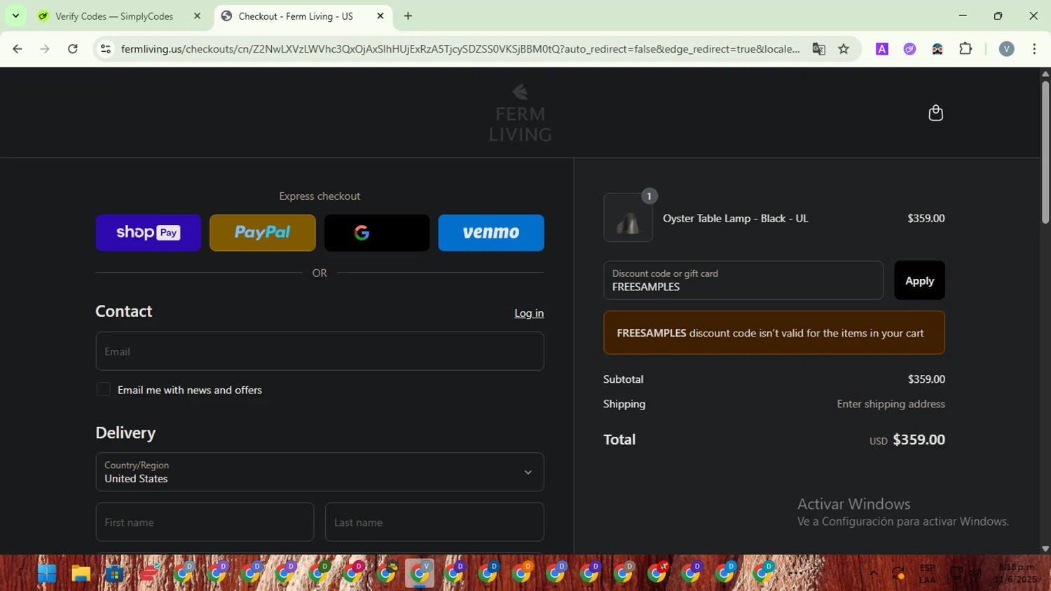 ferm LIVING discount code screenshot showing code FREESAMPLES applied at ferm LIVING checkout page. Uploaded by SimplyCodes community member SwiftScout1619 on Jun 12, 2025