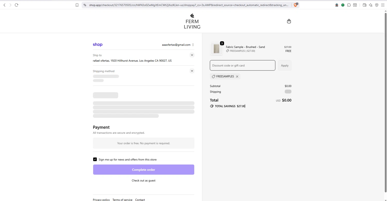 ferm LIVING discount code screenshot showing code FREESAMPLES applied at ferm LIVING checkout page. Uploaded by SimplyCodes community member dayselis15 on Oct 6, 2025