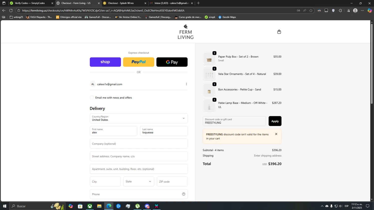 ferm LIVING discount code screenshot showing code FREESTYLING applied at ferm LIVING checkout page. Uploaded by SimplyCodes community member CoinLegend5168 on Nov 3, 2025