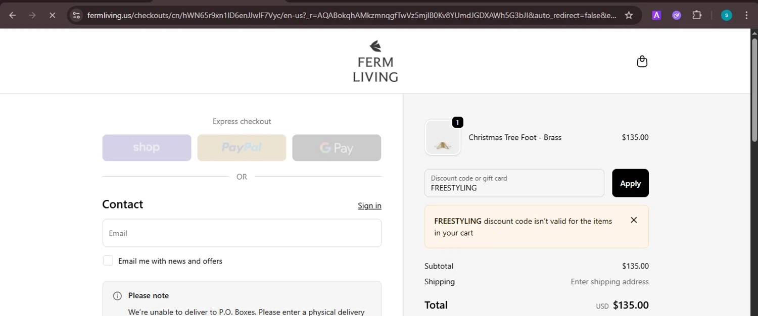 ferm LIVING discount code screenshot showing code FREESTYLING applied at ferm LIVING checkout page. Uploaded by SimplyCodes community member ValiantChaser7723 on Dec 5, 2025