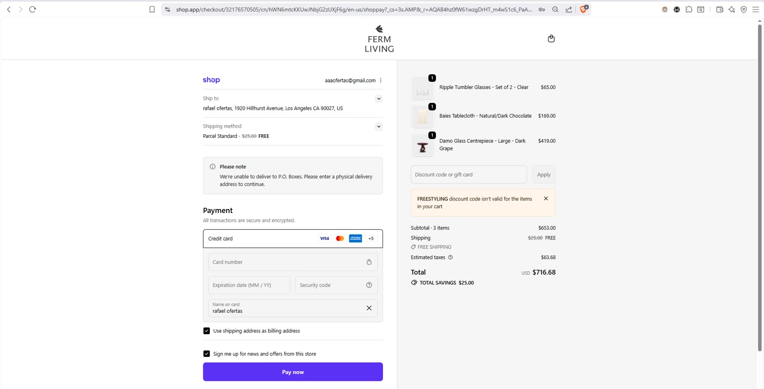 ferm LIVING discount code screenshot showing code FREESTYLING applied at ferm LIVING checkout page. Uploaded by SimplyCodes community member dayselis15 on Dec 24, 2025