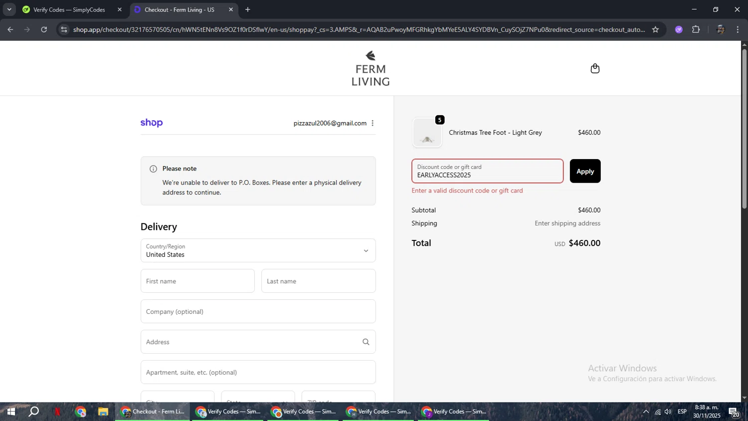 ferm LIVING discount code screenshot showing code EARLYACCESS2025 applied at ferm LIVING checkout page. Uploaded by SimplyCodes community member xxdddd on Nov 30, 2025