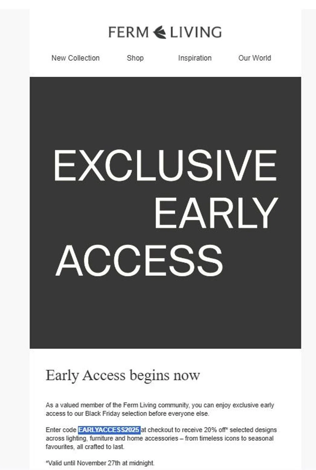 ferm LIVING discount code screenshot showing code EARLYACCESS2025 applied at ferm LIVING checkout page. Uploaded by SimplyCodes community member stygian1 on Nov 26, 2025