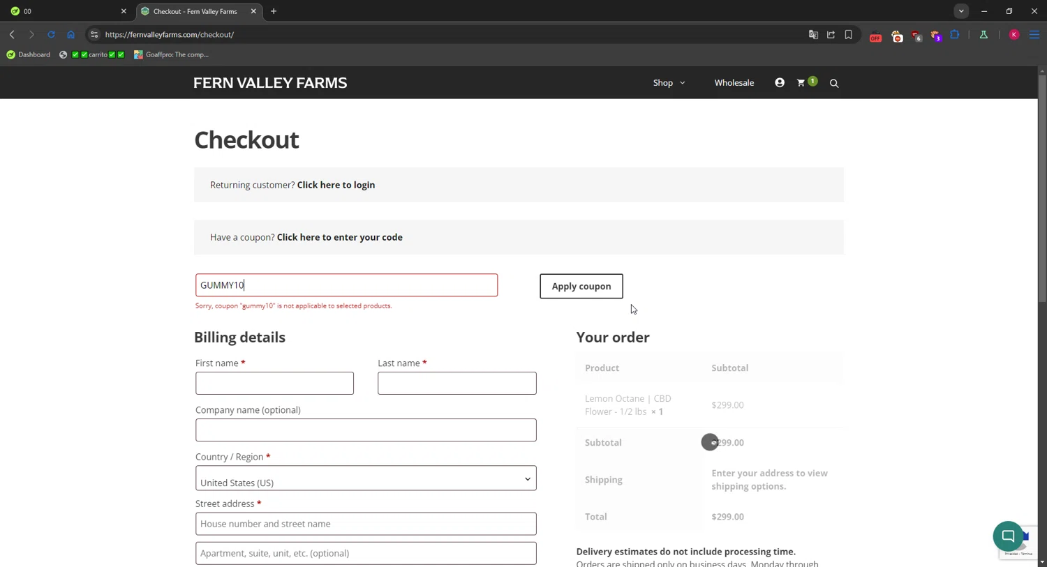 Fern Valley Farms coupon code screenshot showing code GUMMY10 applied at Fern Valley Farms checkout page. Uploaded by SimplyCodes community member RewardMaverick6941 on Nov 12, 2025