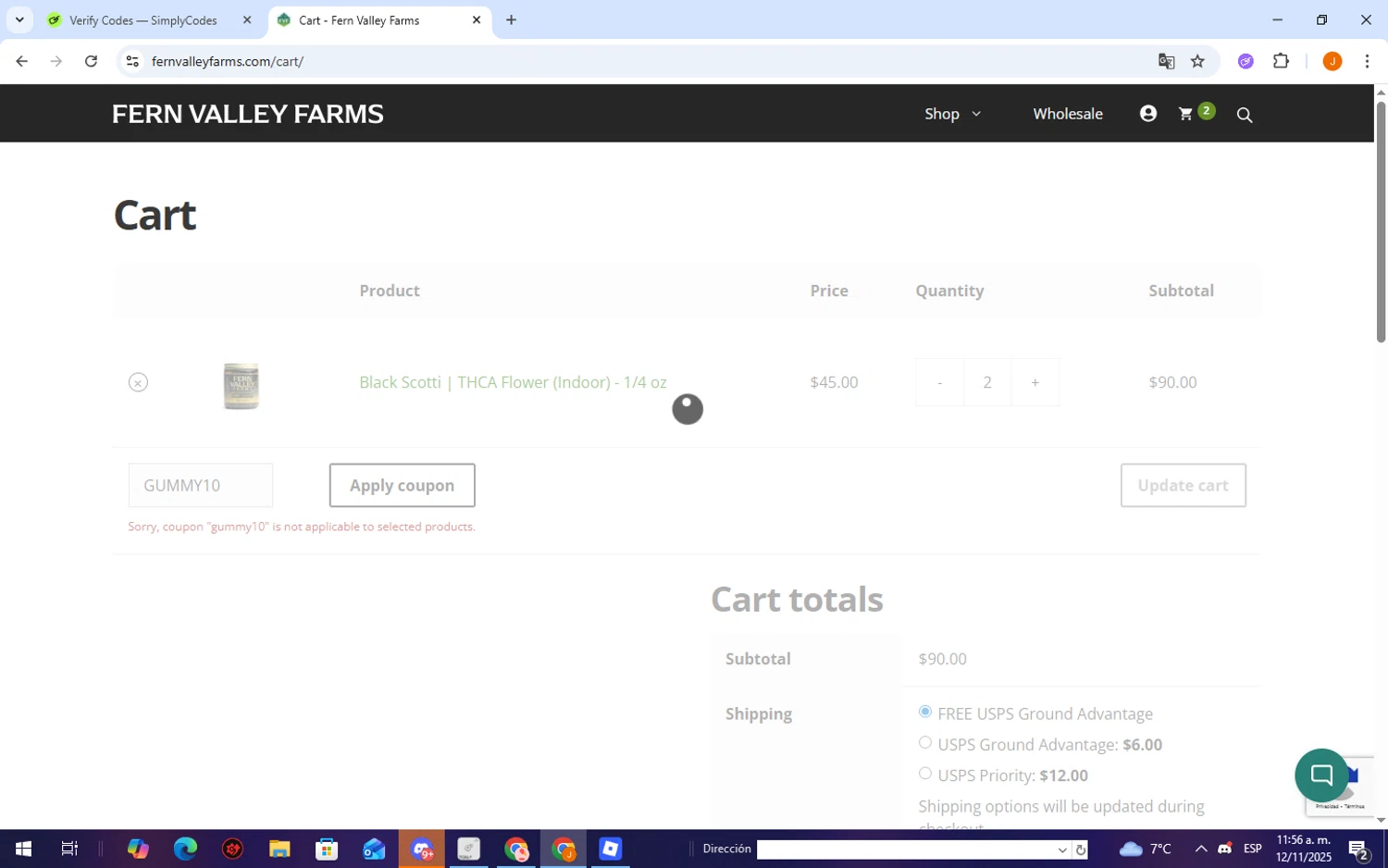 Fern Valley Farms coupon code screenshot showing code GUMMY10 applied at Fern Valley Farms checkout page. Uploaded by SimplyCodes community member TheCreature on Nov 12, 2025