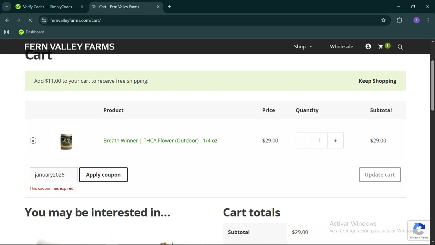 Fern Valley Farms coupon code screenshot showing code january2026 applied at Fern Valley Farms checkout page. Uploaded by SimplyCodes community member Esteban14 on Feb 3, 2026