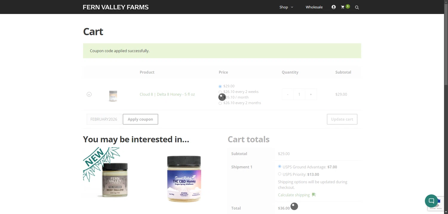 Fern Valley Farms checkout page showing Fern Valley Farms coupon code box | Screenshot taken by SimplyCodes community member on Feb 13, 2026