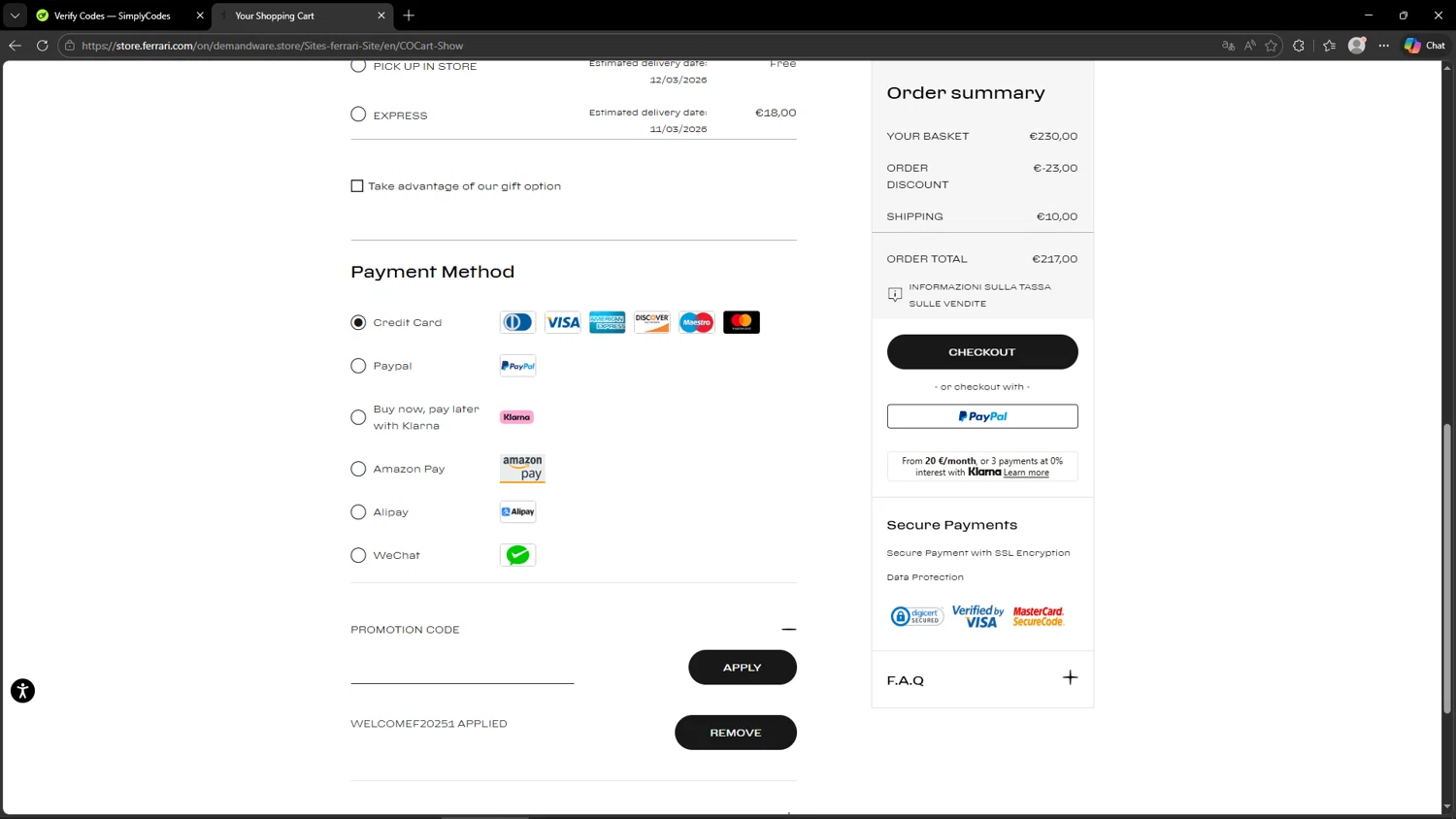 Ferrari Store promo code screenshot showing code WELCOMEF20251 applied at Ferrari Store checkout page. Uploaded by SimplyCodes community member AVAMUSTANG on Mar 8, 2026