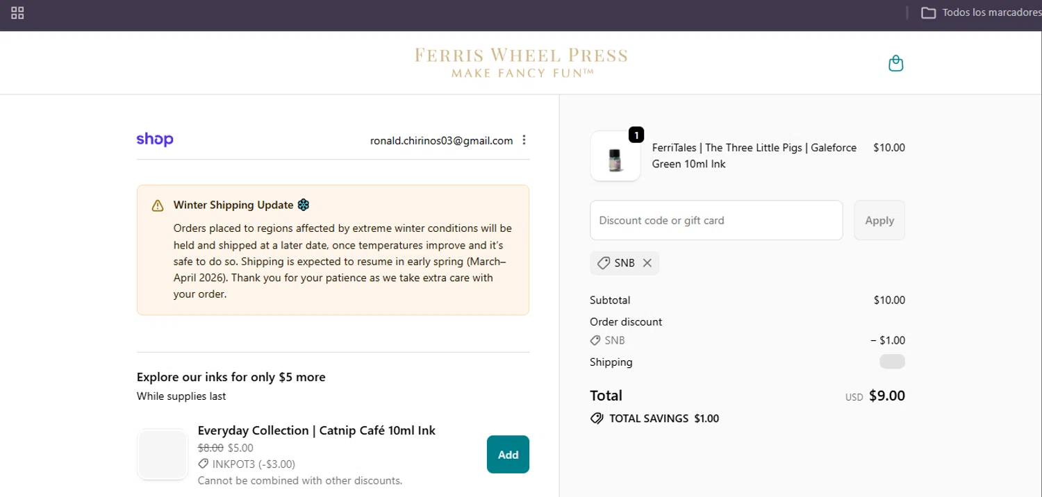 Ferris Wheel Press promo code screenshot showing code Snb applied at Ferris Wheel Press checkout page. Uploaded by SimplyCodes community member Egni_149037891 on Feb 6, 2026