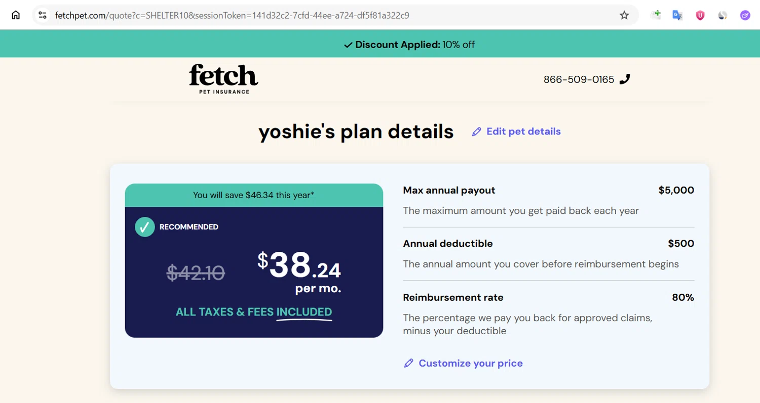 Fetch Pet promo code screenshot showing code SHELTER10 applied at Fetch Pet checkout page. Uploaded by SimplyCodes community member jade5416625024720 on Jul 1, 2025