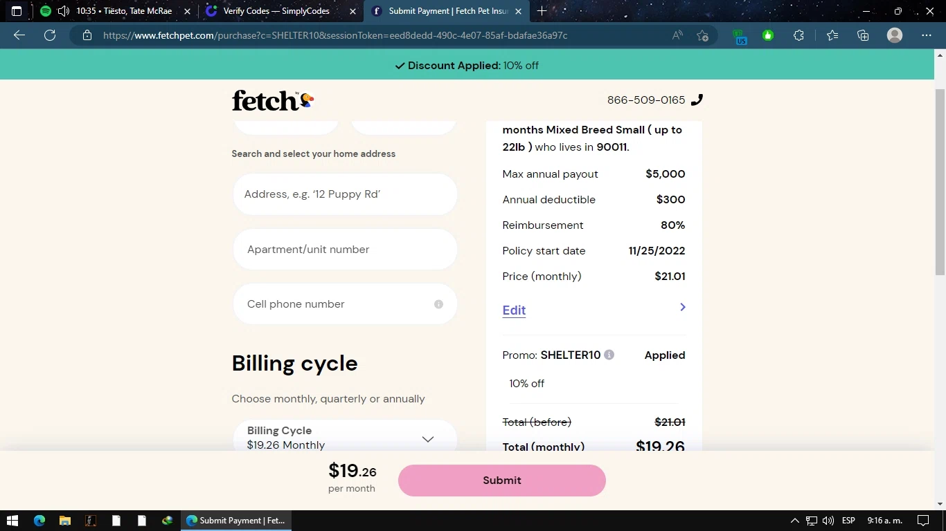 Fetch Pet checkout page showing Fetch Pet promo code box | Screenshot taken by SimplyCodes community member on Nov 24, 2022