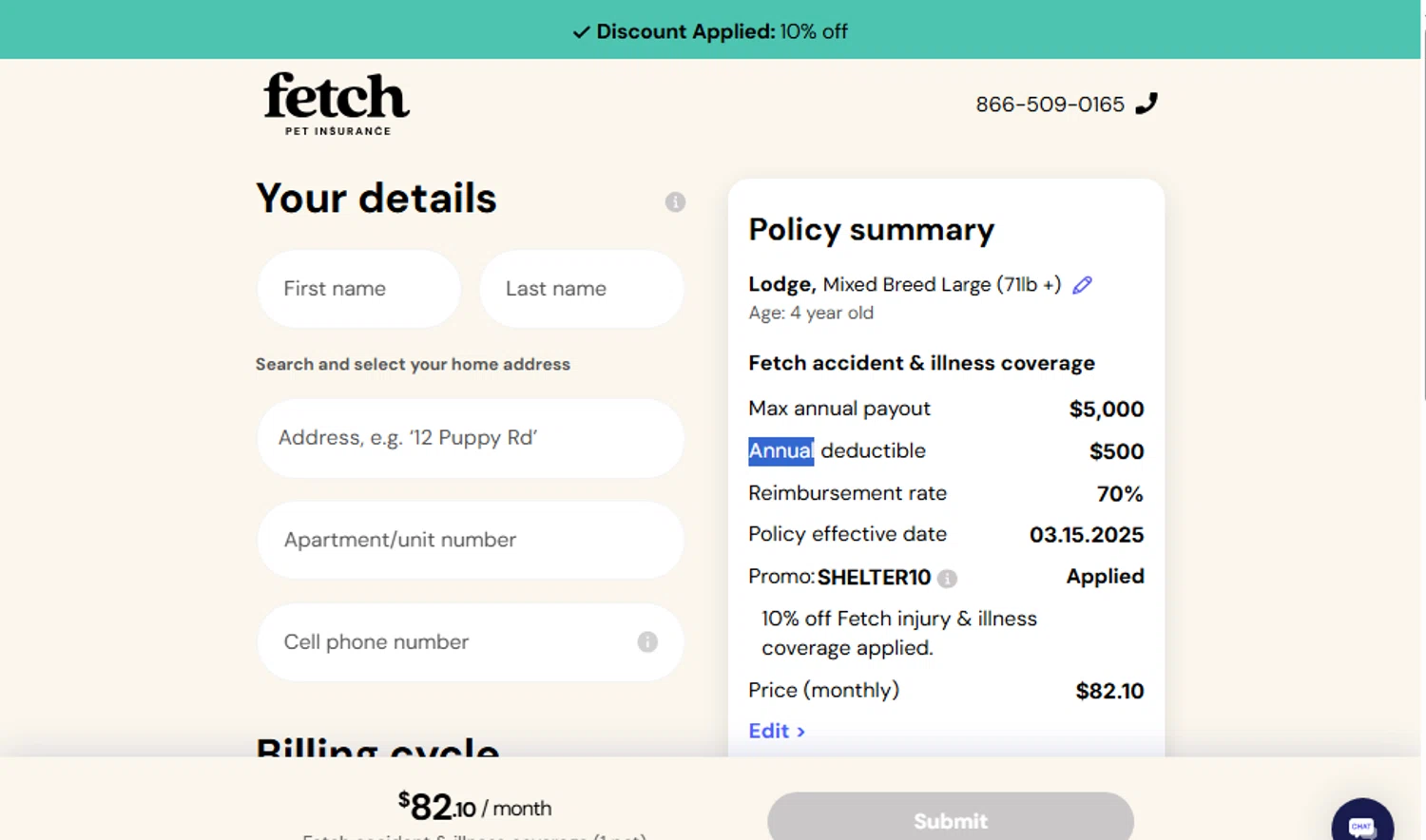 Fetch Pet promo code screenshot showing code SHELTER10 applied at Fetch Pet checkout page. Uploaded by SimplyCodes community member pradenest_e8ec on Mar 14, 2025