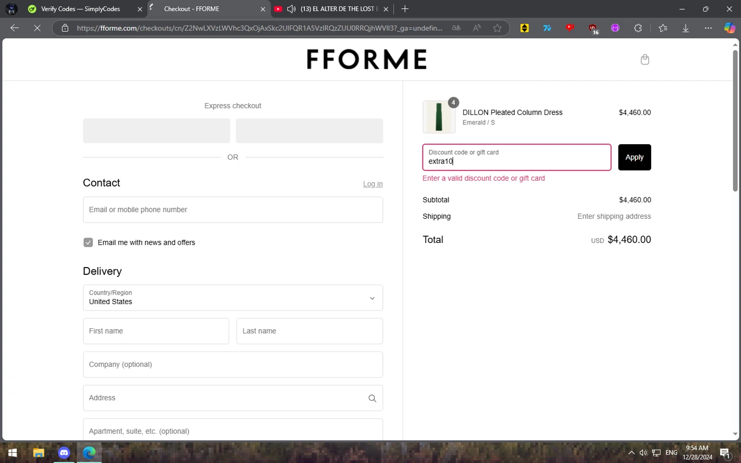 FFORME promo code screenshot showing code extra10 applied at FFORME checkout page. Uploaded by SimplyCodes community member ViegoD on Dec 28, 2024