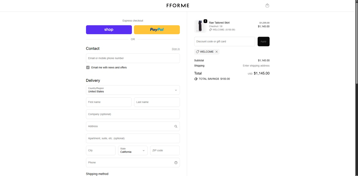 FFORME promo code screenshot showing code WELCOME applied at FFORME checkout page. Uploaded by SimplyCodes community member SavingsPioneer4533 on Nov 25, 2025