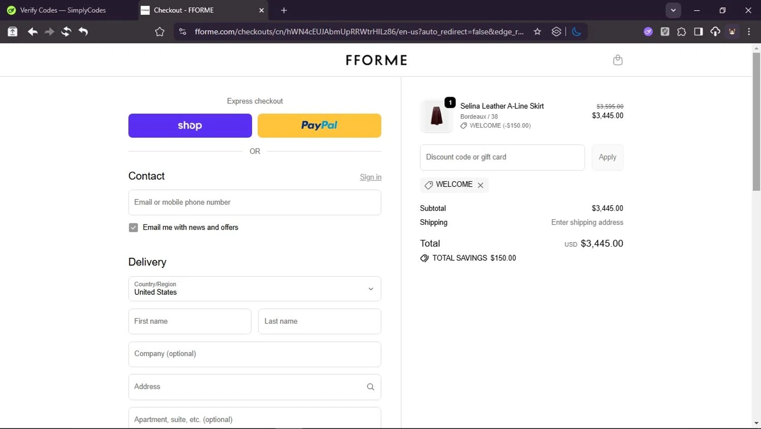 FFORME promo code screenshot showing code WELCOME applied at FFORME checkout page. Uploaded by SimplyCodes community member Userr2 on Oct 27, 2025