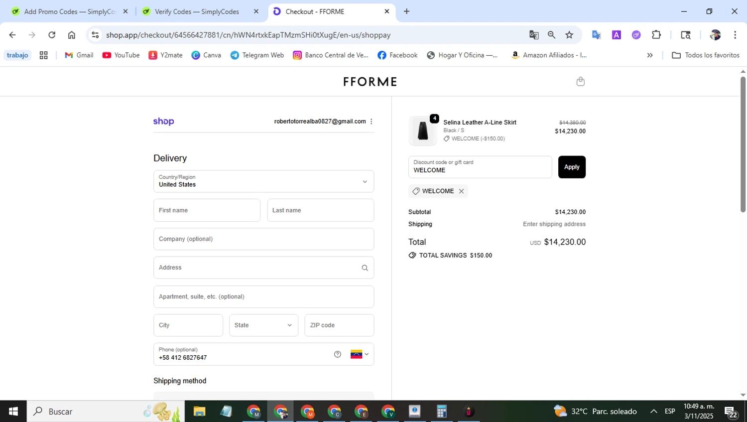 FFORME promo code screenshot showing code WELCOME applied at FFORME checkout page. Uploaded by SimplyCodes community member alfredohernandez on Nov 3, 2025